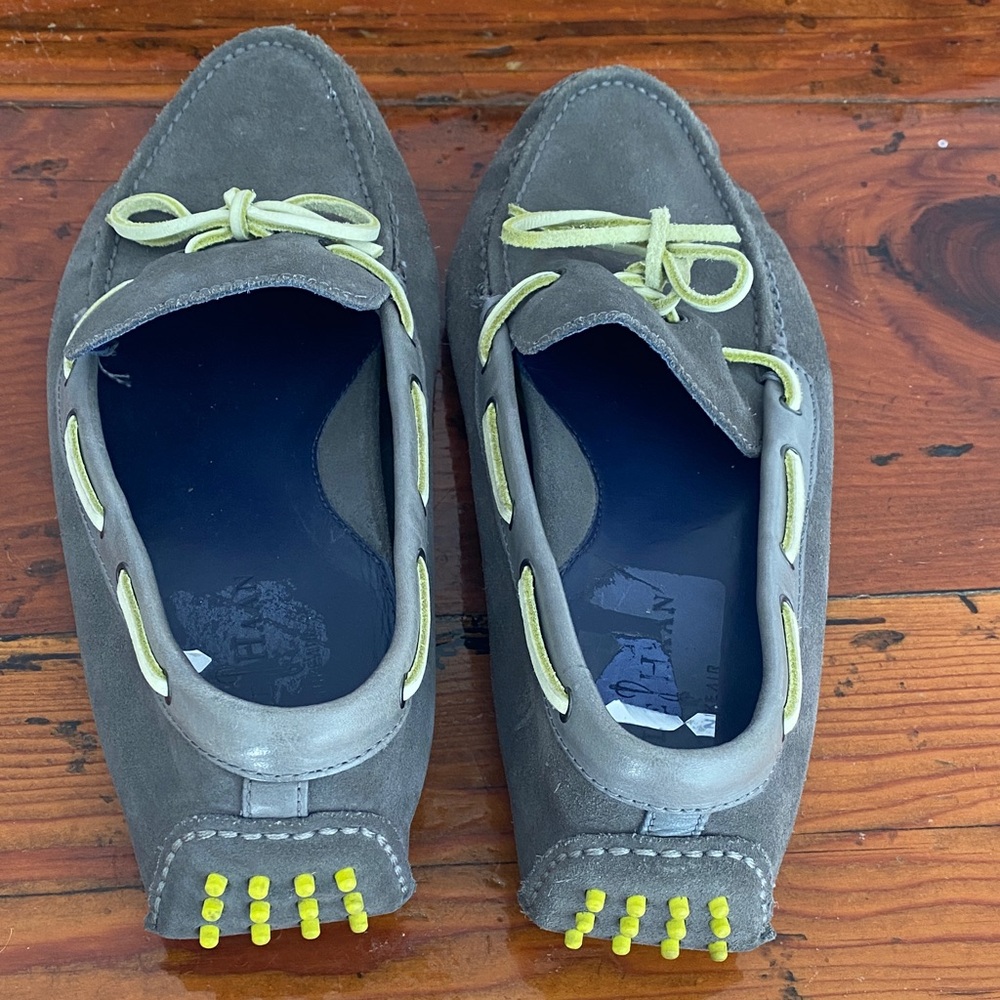 Gray Suede Driving Loafers with Yellow Accents
